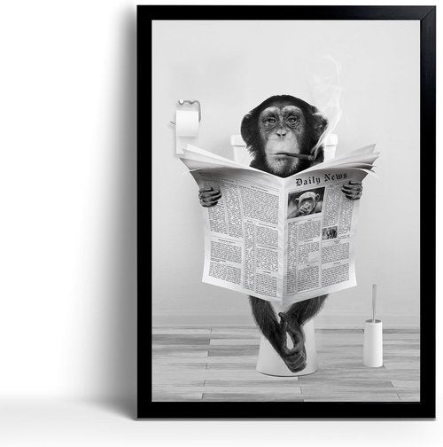 Funny Monkey Framed Wall Art - Humorous Black and White Bathroom Decor | Rustic Farmhouse Style (8"x10")