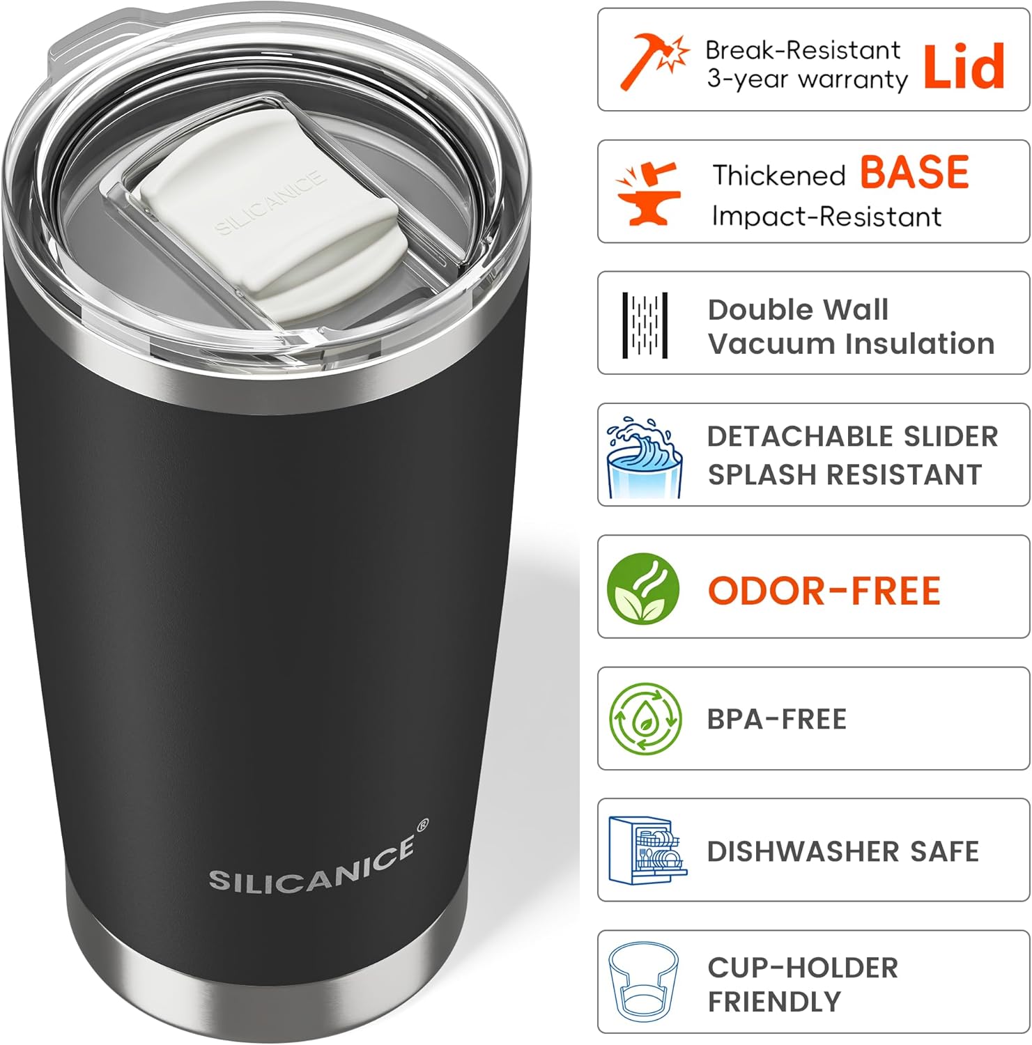 Skiennix 20oz Stainless Steel Vacuum Insulated Tumbler - BPA-Free, Easy-On Lid, Fits Cup Holders | Black