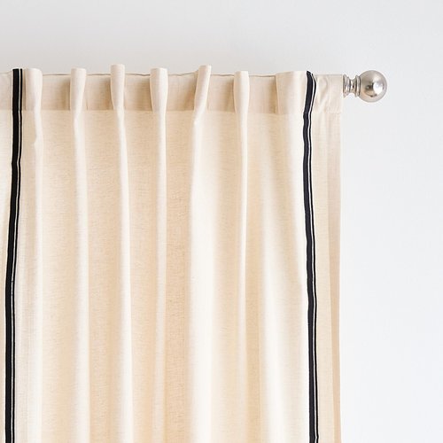 Martha Stewart Cream Light Filtering Window Curtains for Living Room - 50" x 84" - Set of 2 - Back Tab Panels - Embroidered Stripe Linen