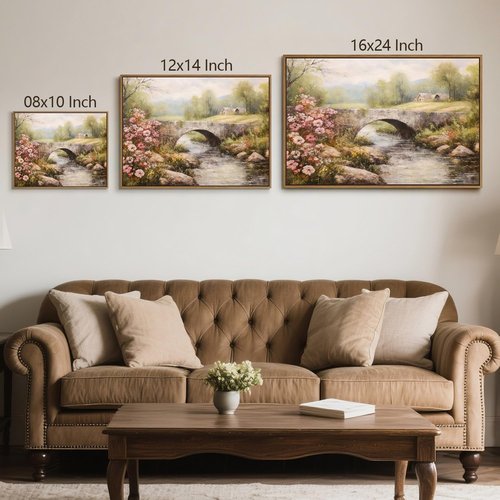 Gardenia Art Framed Wall Art - Country Landscape Canvas Print of Mountain Bridge & River | Spring Scene Decor for Farmhouse Bedroom