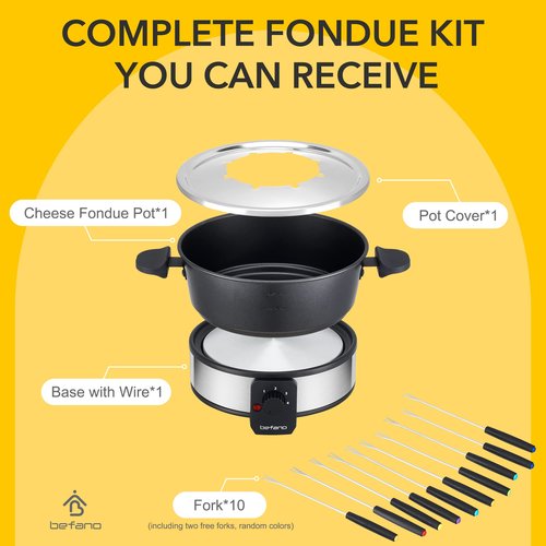 Befano Stainless Steel Fondue Pot with Temperature Control, Forks, Cups, and Rack, 2-Quart, Non-Stick, Perfect for Chocolate, Cheese, Caramel, Marshmallows, Great for Valentine's Day