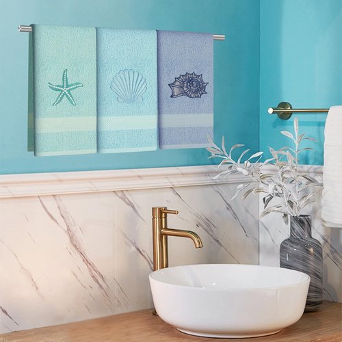 Ddeetodu 3 Pcs Coastal Hand Towels Ocean Decorative Bathroom Towels Decors Beach Hand Towel Embroidered Towel Decorative Set 100% Cotton Soft Absorbent Towels for Bathroom Decors