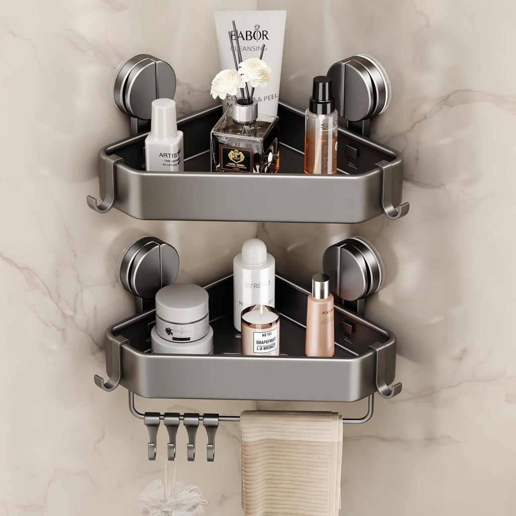 Mustorn Suction Cup Shower Caddy - Rustproof Corner Organizer with Towel Holder & Hooks | 2 Pack (Gray)