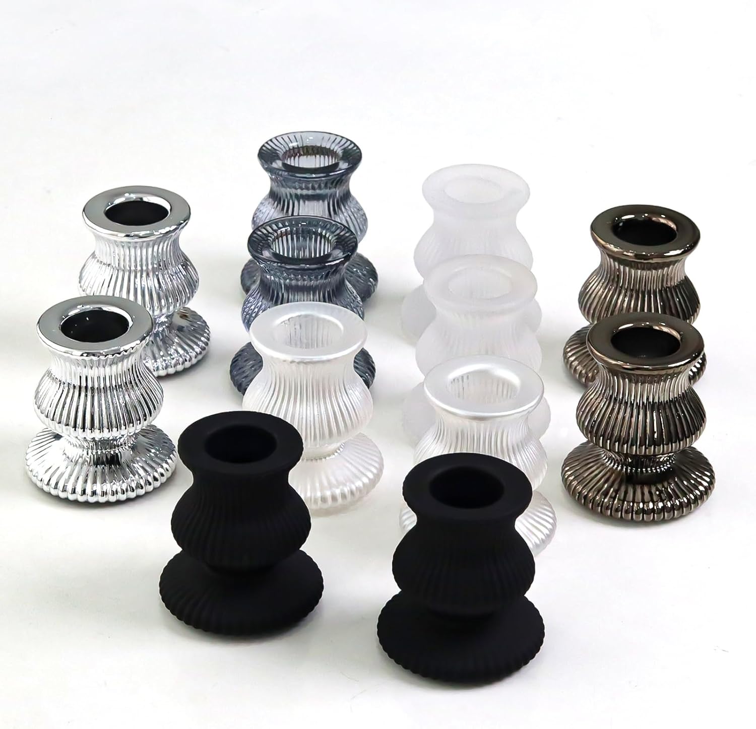 WDHODEC Black & White Candlestick Holders - 12PCS Glass Taper Candle Holders for Weddings & Parties