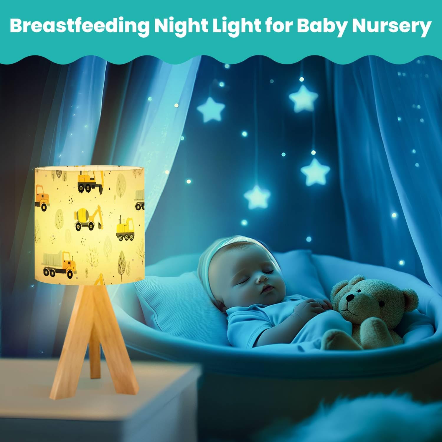 OEPWQIWEPZ Tripod Bedside Desk Table Lamp Cute Children Seamless Construction Machinery Cartoon Hand Wood Nightstand Lamp with Linen Fabric Shade for Nursery Bedroom Living Room Kids Room