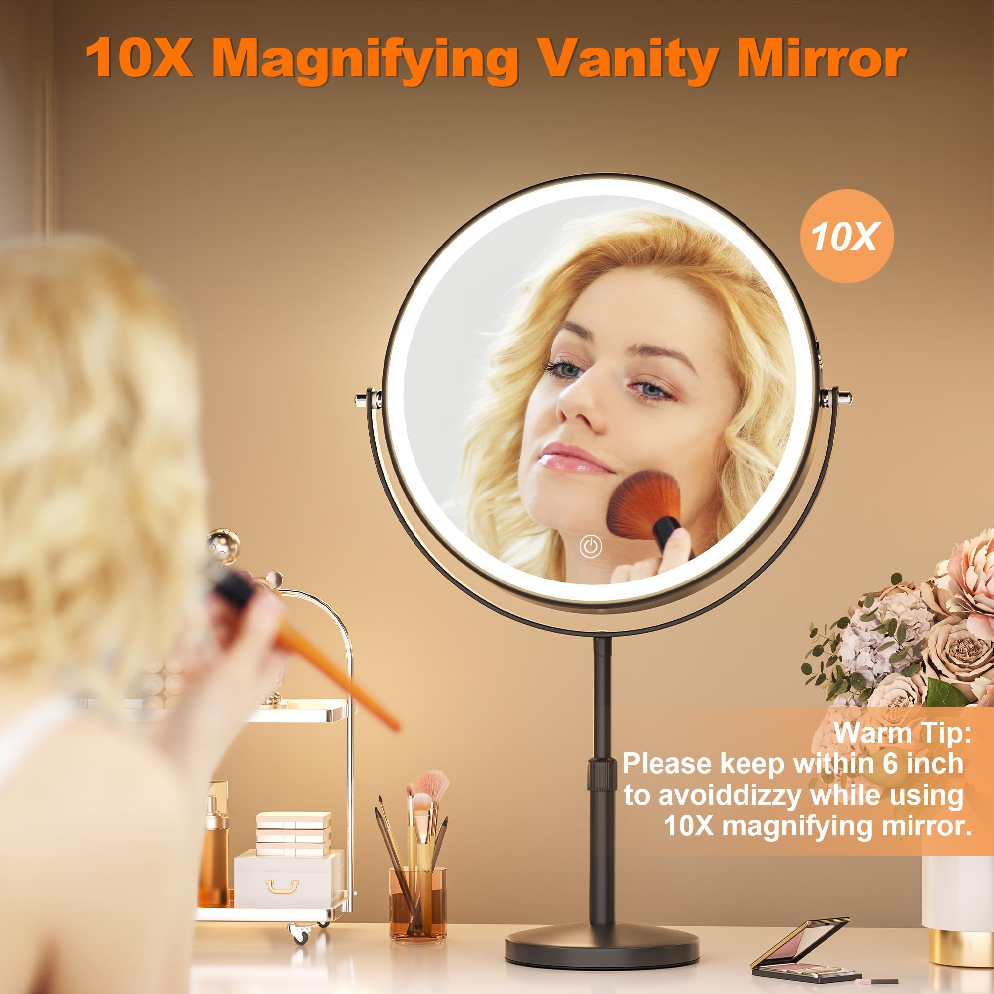 Hasipu 10” LED Makeup Mirror with 7X Magnification - Rechargeable Vanity Mirror, 3 Color Modes, Touch Control, 360° Rotation & Adjustable Height