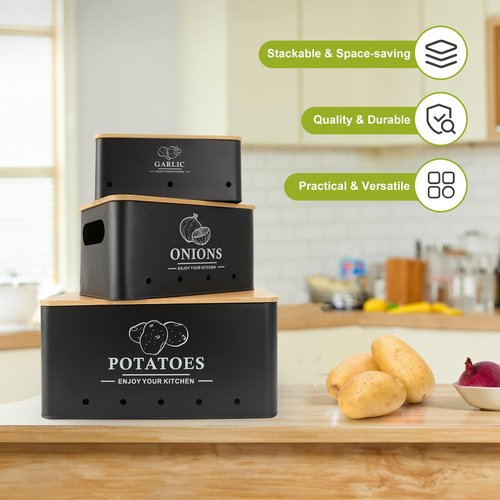 Dekosilave Kitchen Vegetable Storage Set of 3, Metal Onion Garlic Potato Storage Set, Kitchen Canisters Vegetable Keeper Containers with Aerating Holes and Wooden Lid (Black)