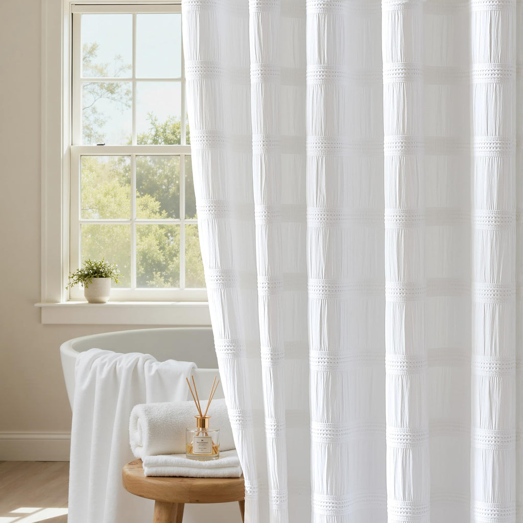 Lameirose White Shower Curtain Fabric, White Textured Shower Curtain Boho Cotton Blend Striped Waffle Shower Curtains for Bathroom 72 x 72