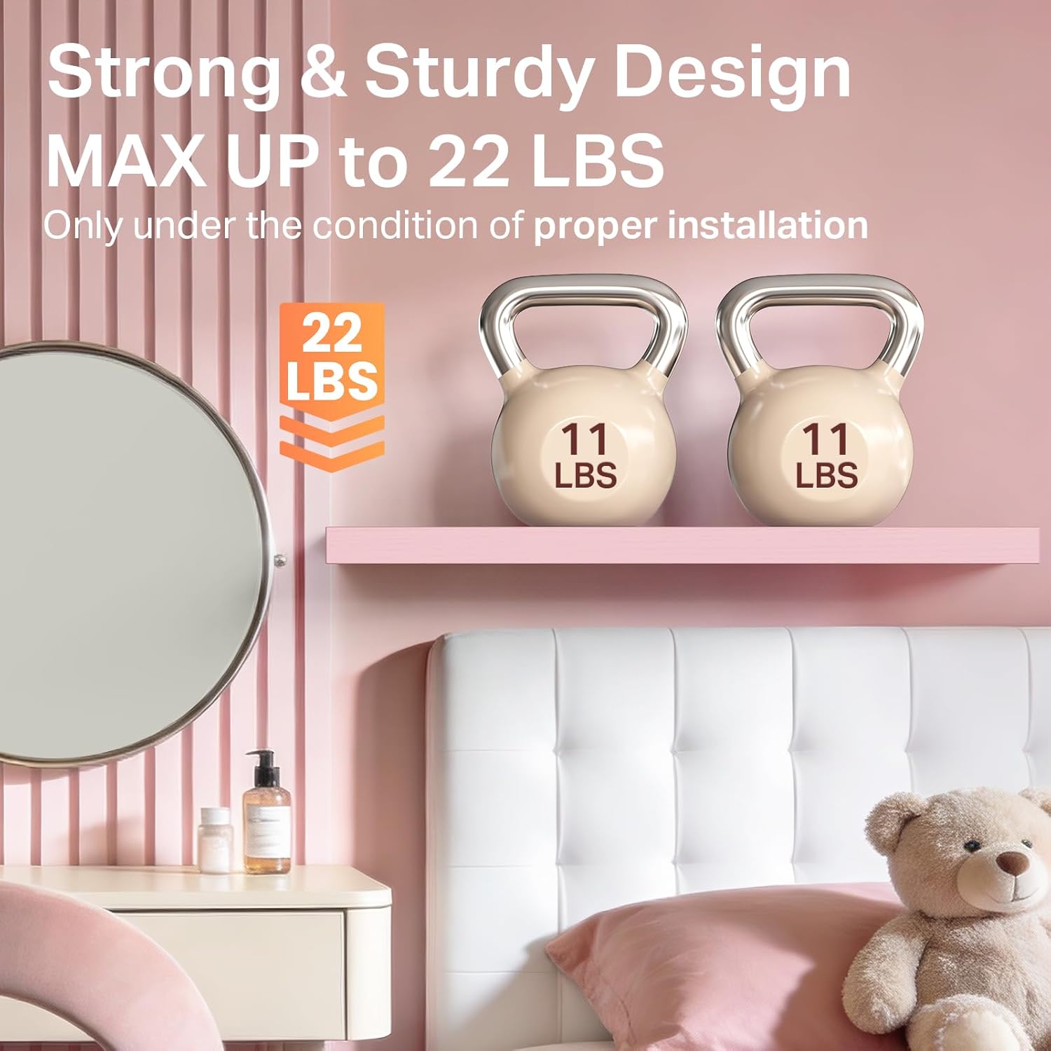 BAYKA Floating Wall Shelves - Set of 3 Pink Wood Shelves for Bathroom, Bedroom & Living Room | 15.7in, 22lbs Capacity