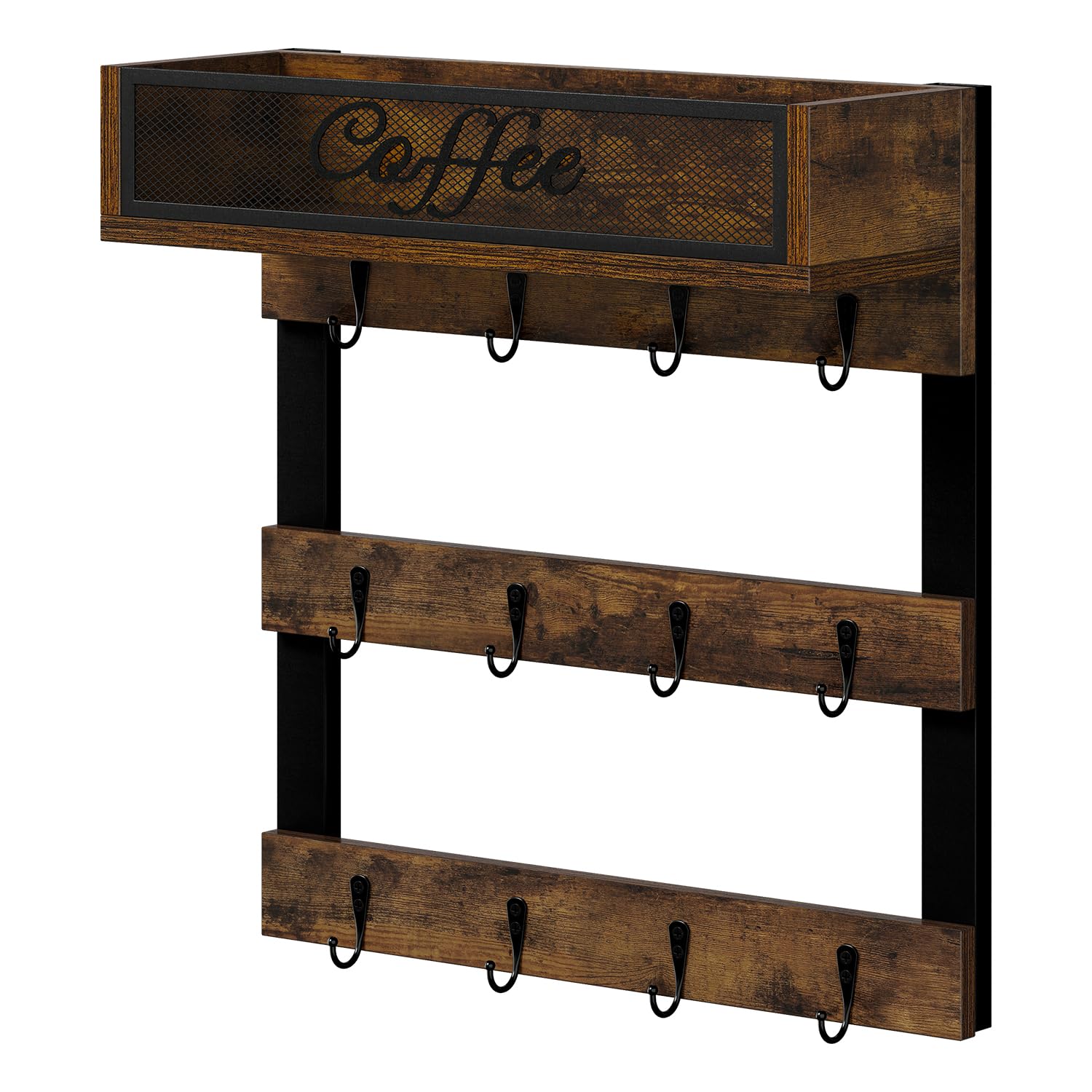 YINMIT Coffee Mug Holder with 12 Hooks, Coffee Cup Holder Wall Mounted with Top Shelf, Mug Organizer for Home Kitchen, Brown
