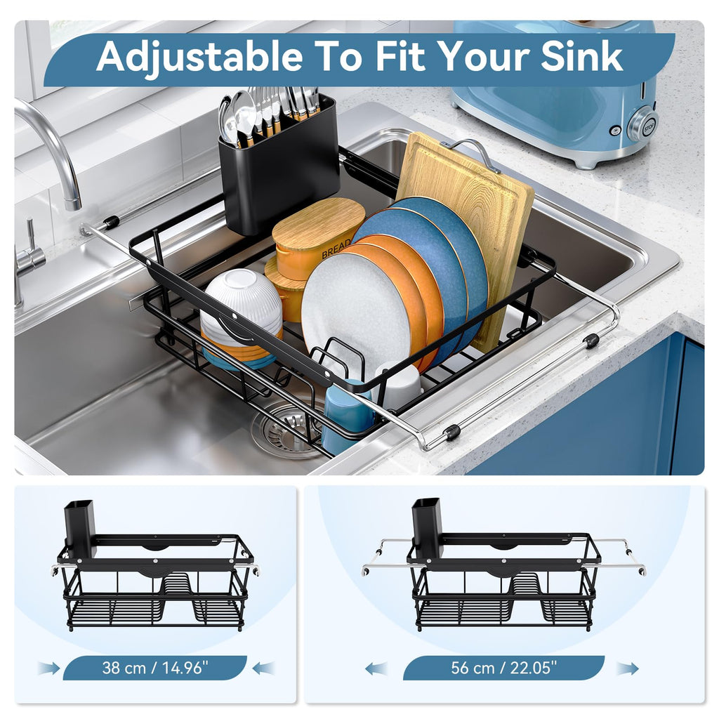Over the Sink Dish Drying Rack,In Sink Dish Drying Racks,Expandable Dish Rack Over Sink Counter,Adjustable Dish Drainer for Inside Sink with Utensil Holder, Stainless Steel Dish Strainer XLarge Size