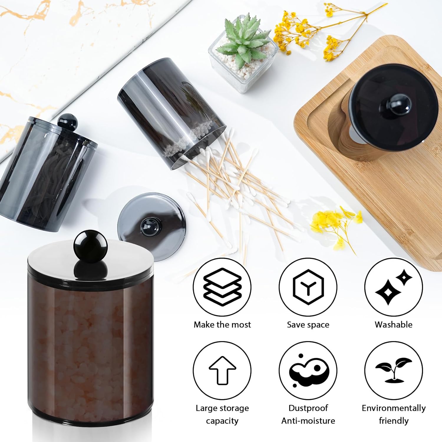 XIPENGKEJI Qtip Holder Canister Set - 2+4 Pack Bathroom Jars with Lids for Cotton Swabs & Pads | Black 10oz-12oz