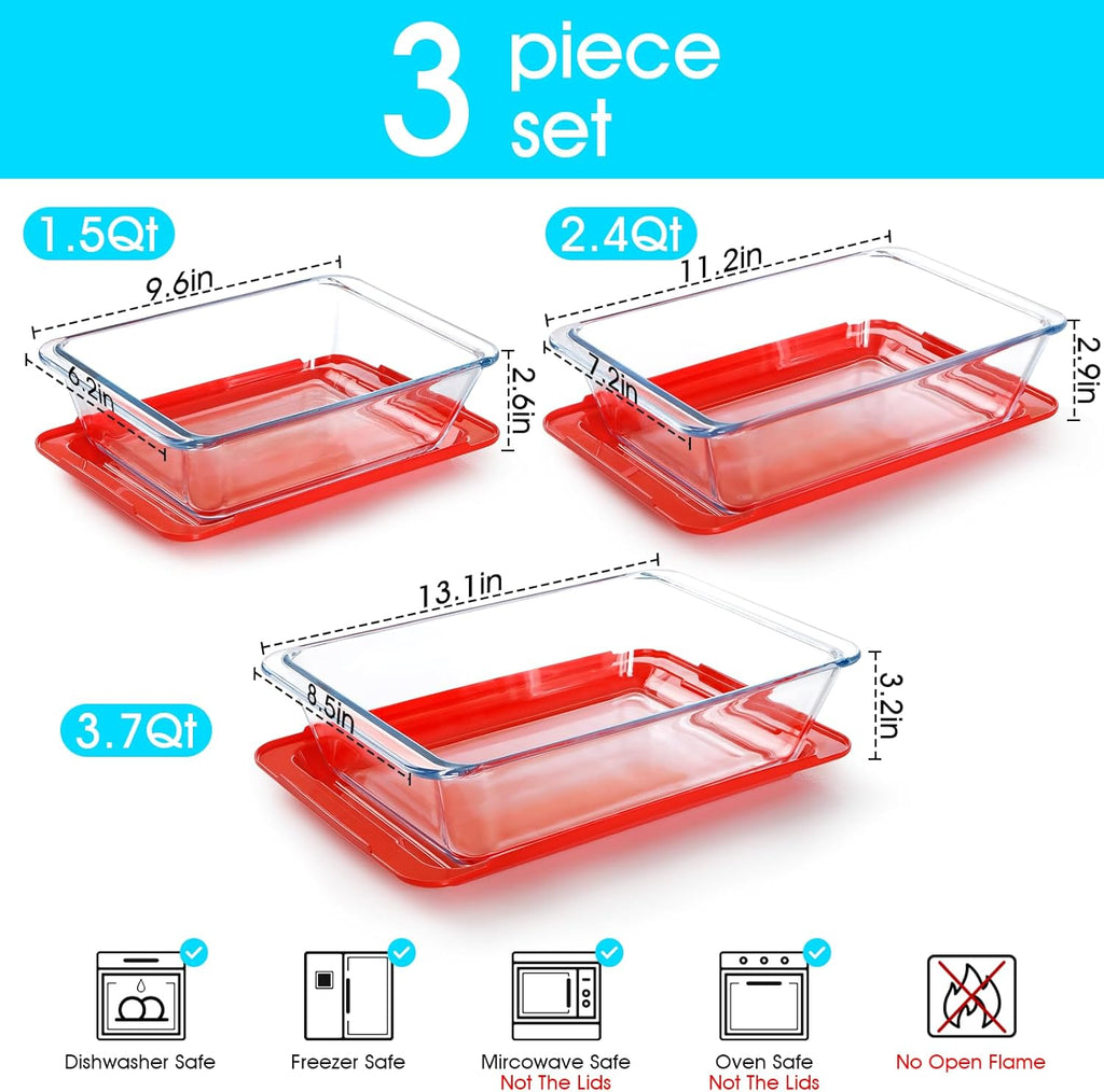 NUTRIUPS Deep Glass Baking Dish Set - 3-Pack with Lids for Oven | 1.5Qt, 2.4Qt, 3.7Qt Sizes