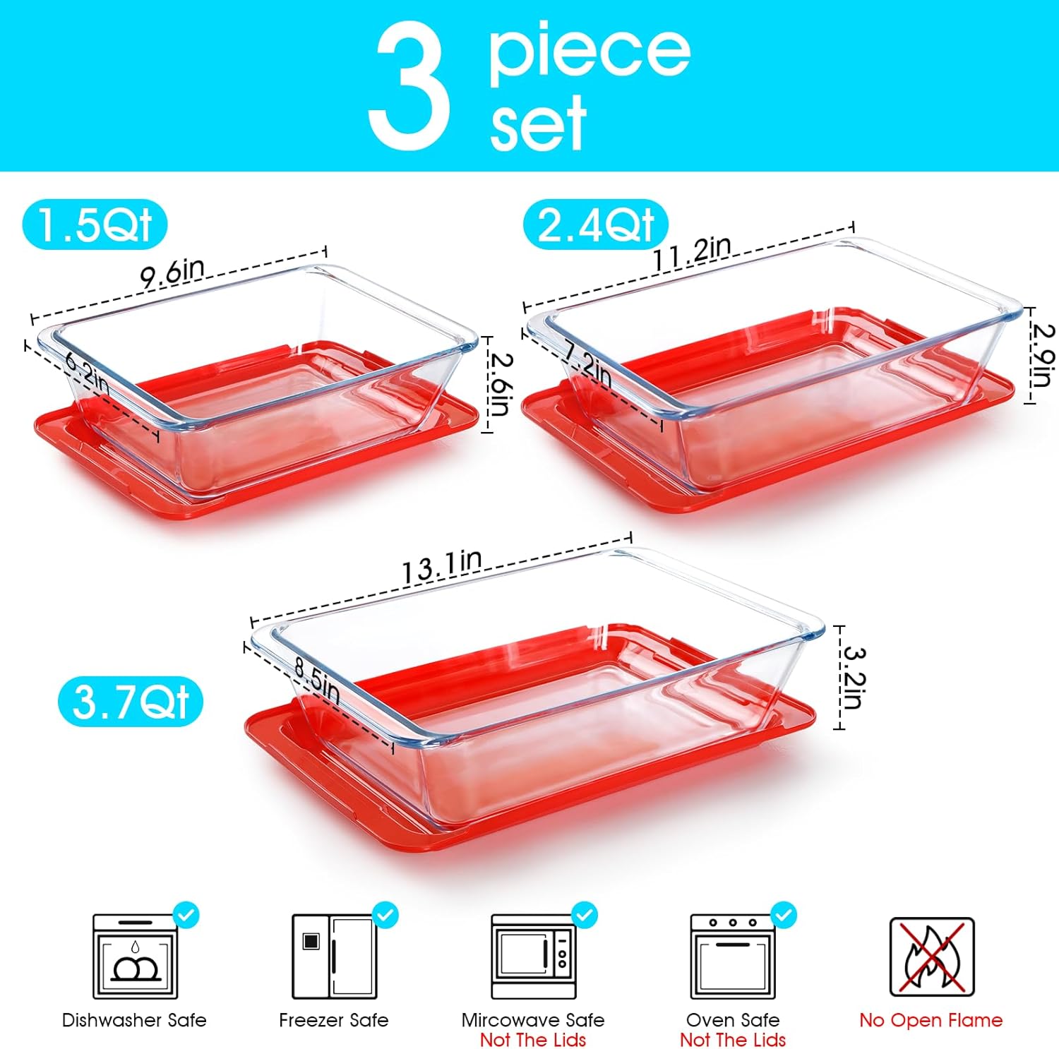 NUTRIUPS Deep Glass Baking Dish Set - 3-Pack with Lids for Oven | 1.5Qt, 2.4Qt, 3.7Qt Sizes