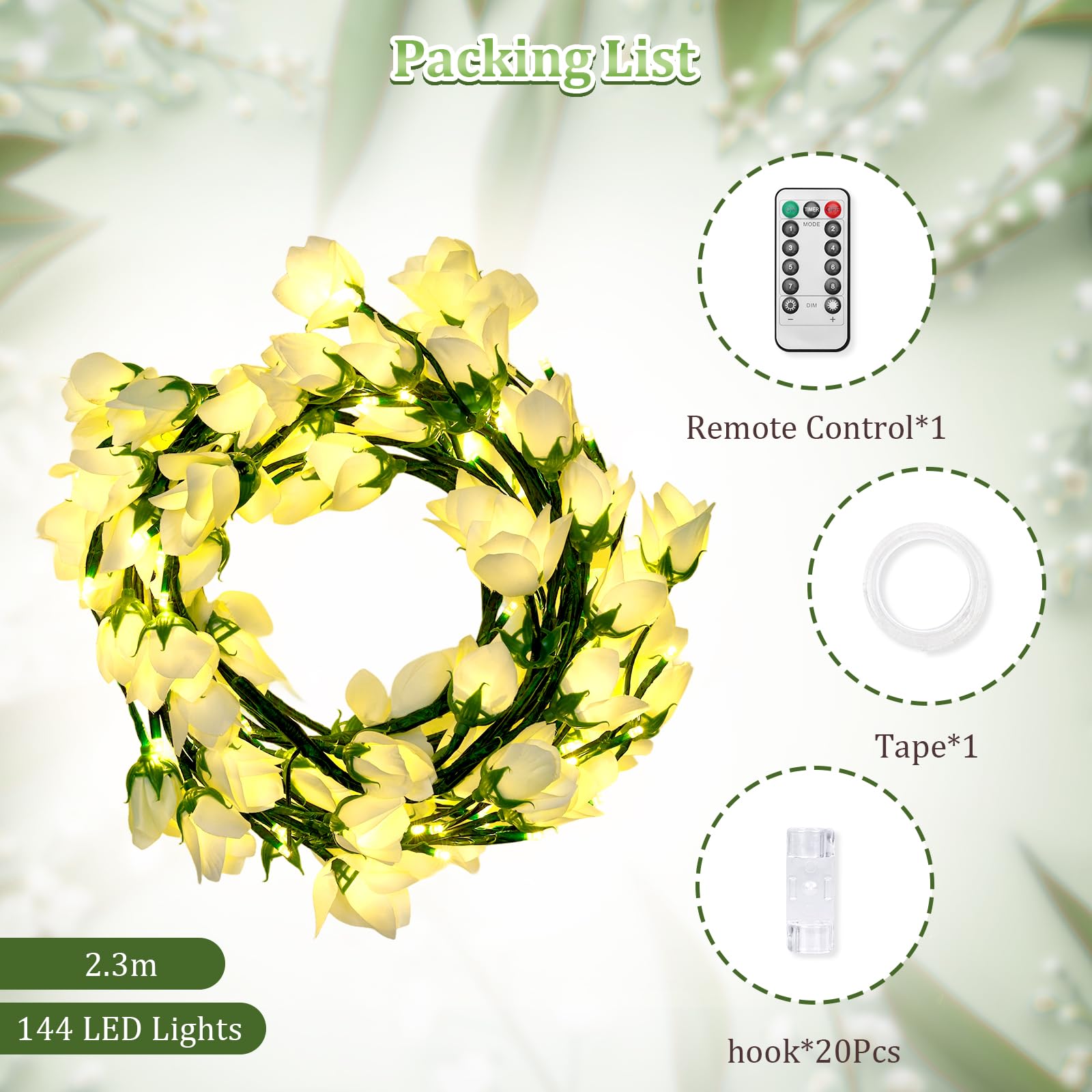 Enchanted Willow Vine Lights with Lily of The Valley Artificial Flowers,4FT 48 LED Tree Branch Lights for Wall,8 Modes Lily of The Valley Lamp with Remote Timer,Christmas Decor for Bedroom Home