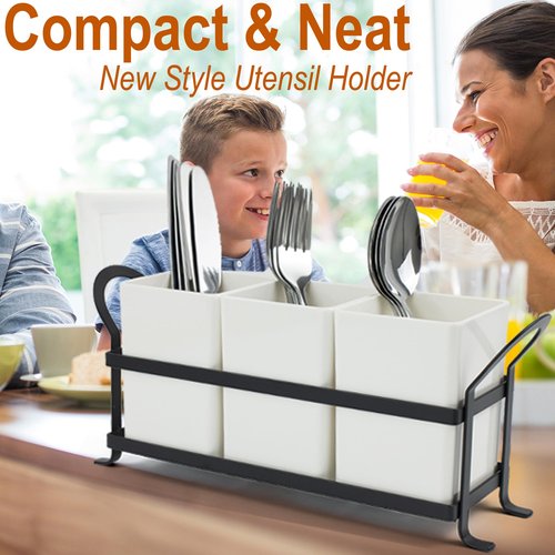 Czlizdyt Cutlery Holder with Drain Holes, Silverware Caddy for Party Countertop, 3pcs Bins Set Utensil Holders for Spoon and Fork, White