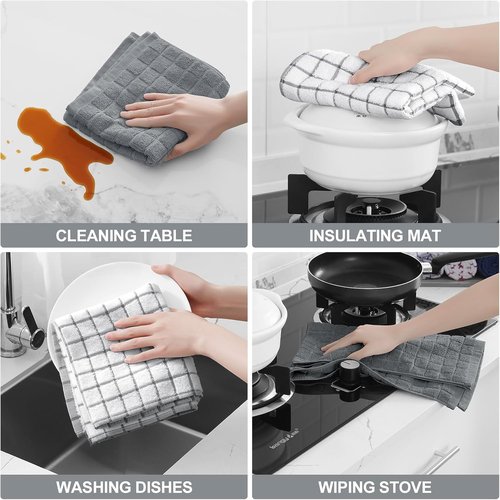 Homaxy Premium Cotton Kitchen Towels - Super Absorbent 390 GSM Dish Towels | 16"x28", Grey Check, 6 Pack