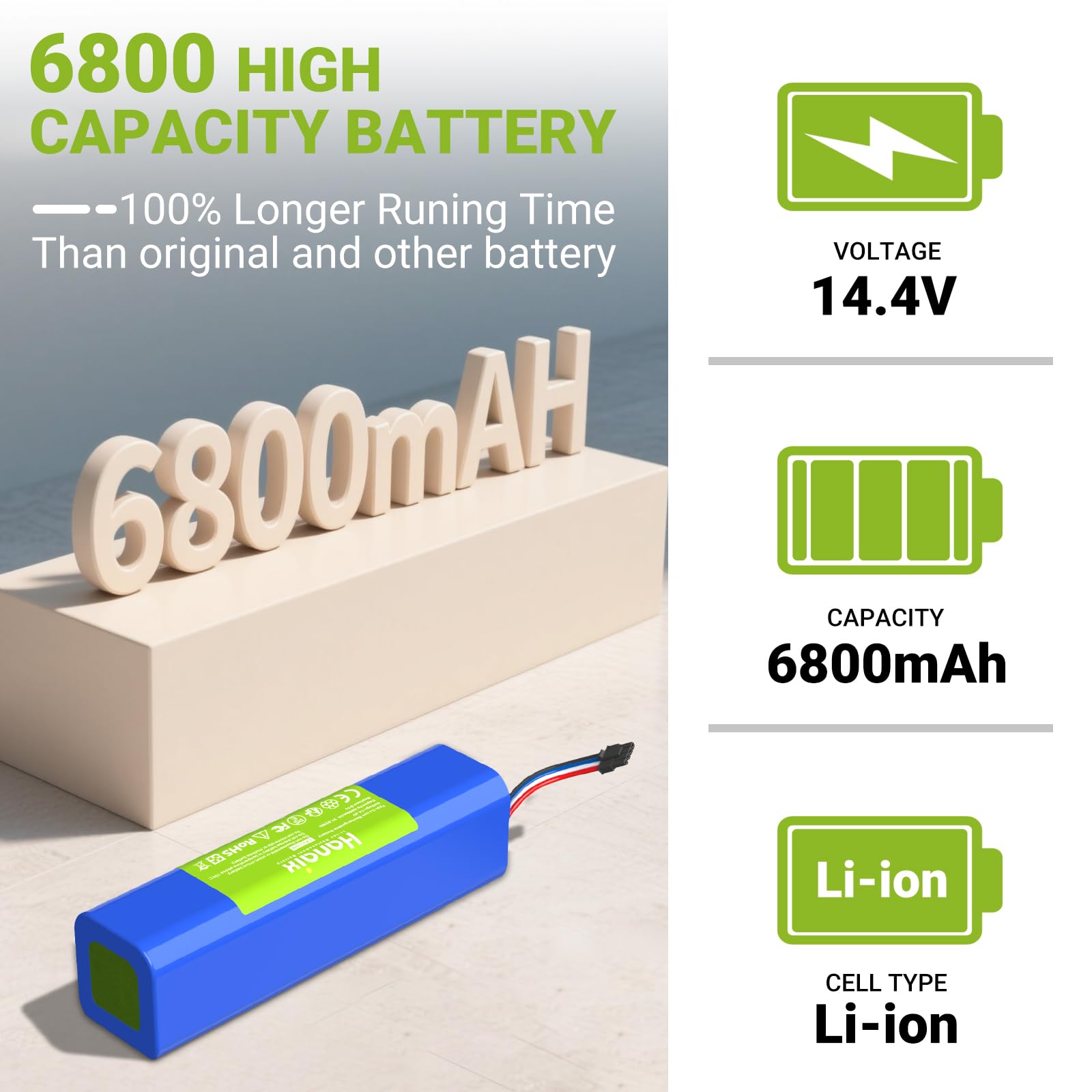 Hanaix 6800mAh 14.4V Vacuum Cleaner Battery for Dreame D9,D9 Pro, D9 Max,D10,D10 Plus, L10 Pro, L10 Plus,L10S Ultra, D10s, L10s RLS5-BL0, F9, Z10 Pro, RLS5-BL0, RVS5-WH0, RL55L-BL0, RLS5-WH0