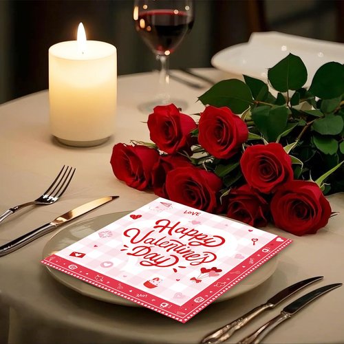 40 Pack Valentine’s Day Paper Napkins – 13 x 13 Inches Disposable Napkins with “Happy Valentine’s Day” Lettering, Hearts, and Love Icons for Valentine’s Parties, Weddings, and Romantic Dinners