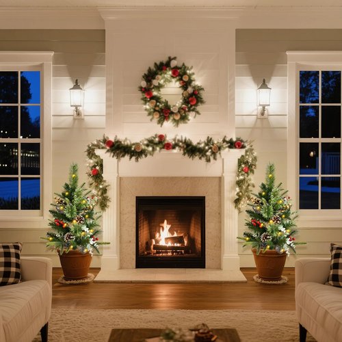 Pre-Lit Pathway Christmas Tree(2 Pack), Artificial Christmas Urn Filler with LED Lights, Golden & Red Berries, Pine Cones, Outdoor Light Up Planter Filler Holiday Home Decor