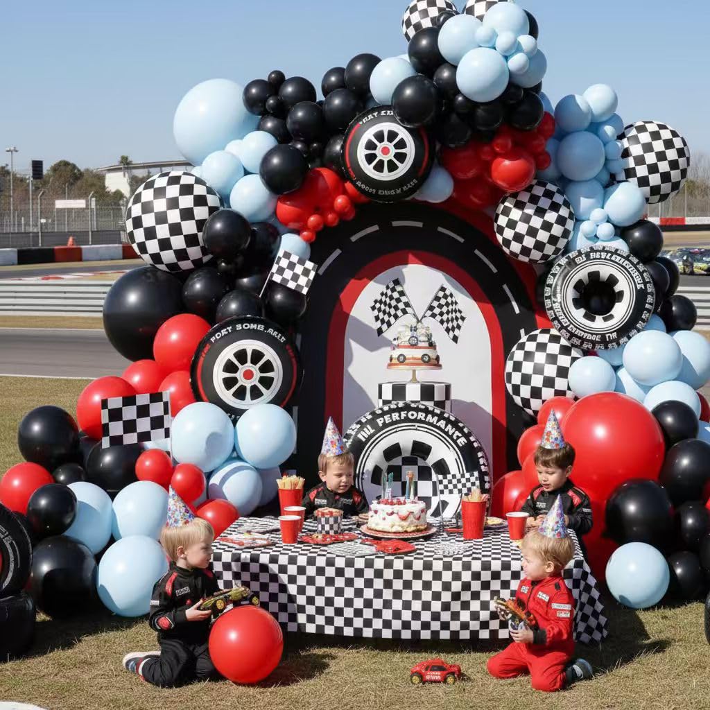 EICUECUE Race Car Balloon Arch Kit - 168Pcs Different Size Balloons Tire Flags Checkered Black Red Blue Balloon Garland Kit for Racing Car Two Fast 2nd Theme Boy Birthday Anniversary Party Decorations
