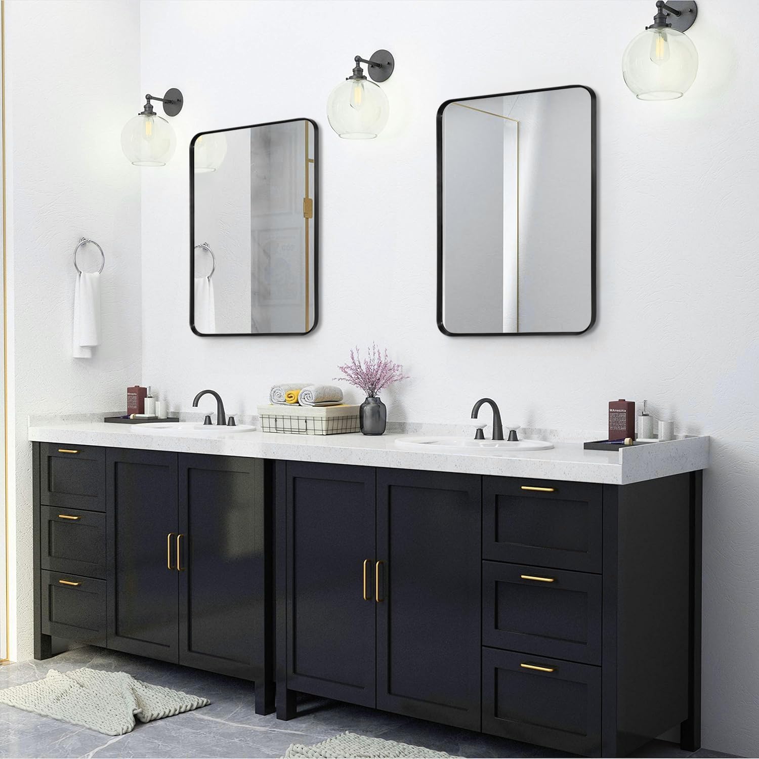 Regine Switzerland Black Framed Bathroom Mirror - Matte Rounded Corner Design | 24" x 32" Tempered Glass