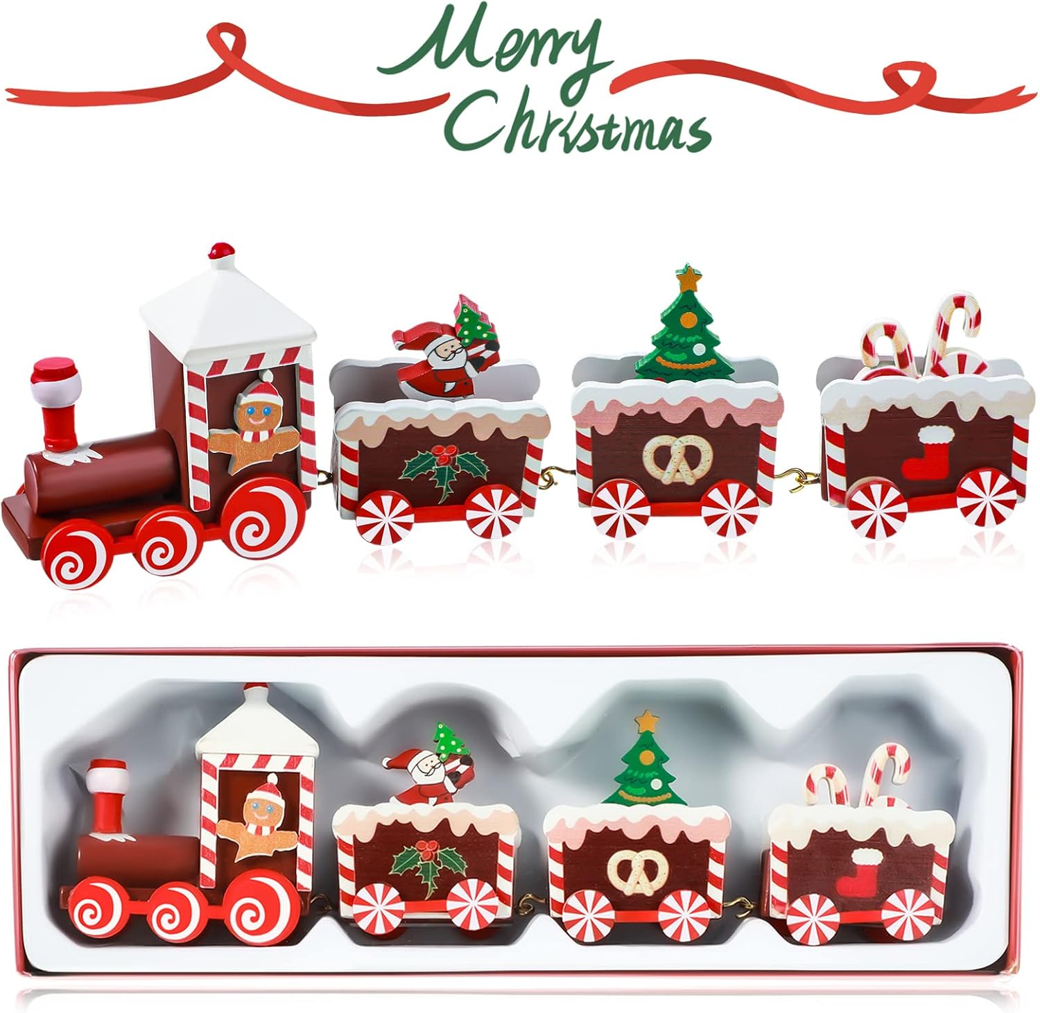 Yulejo Christmas Train | Painted Wooden Decoration for Festive Table Top | Santa Claus, Red