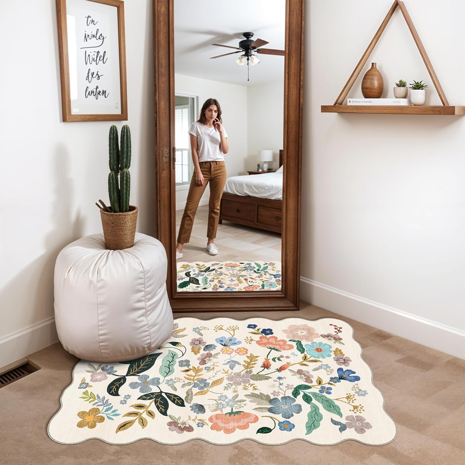 Skiennix Washable 2x3 Entryway Rug - Floral Non-Slip Water-Resistant Soft Carpet for Indoor Use (Cream)