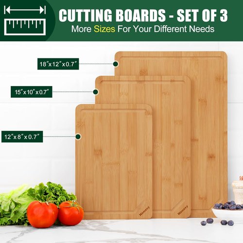 Homaxy Organic Bamboo Cutting Boards Set - 3-Piece Kitchen Boards with Juice Groove & Handles | Ideal for Meat, Fruits & Vegetables