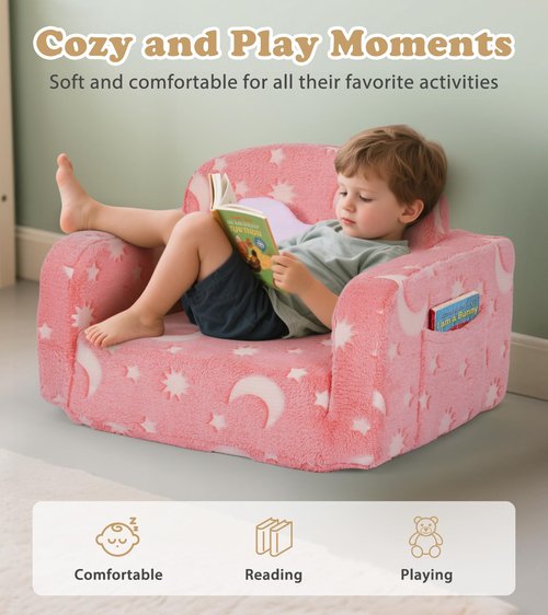 Kids Couch, 2-in-1 Soft Toddler Couch Fold Out with Blanket and Cloud Pillow, Glow in The Dark, Convertible Sofa, Gifts for Kids Girl Boys, Medium Pink Moon