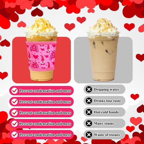 Potchen 16 Pack Reusable Iced Coffee Cup Sleeves Neoprene Insulated Drink Cup Insulator Sleeve for Cold Hot Drinks Ice Coffee Sleeve for 12-16Oz (Valentine)