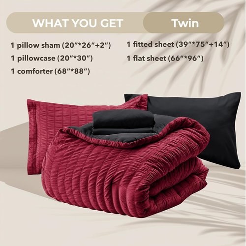 HYMOKEGE Twin Comforter Set - Red & Black Seersucker 5-Piece Luxury Bedding Set | All-Season Comfort