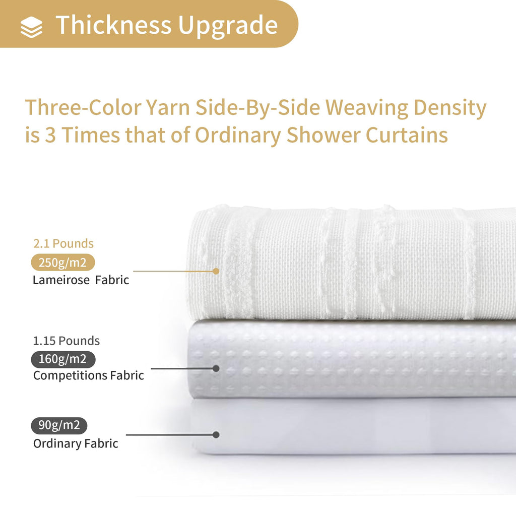 Lameirose White Shower Curtain Boho, Textured Shower Curtain Cotton Blend Waffle Weave Stripe Fabric Shower Curtains for Bathroom, Hotel, Washable, 72 x 72