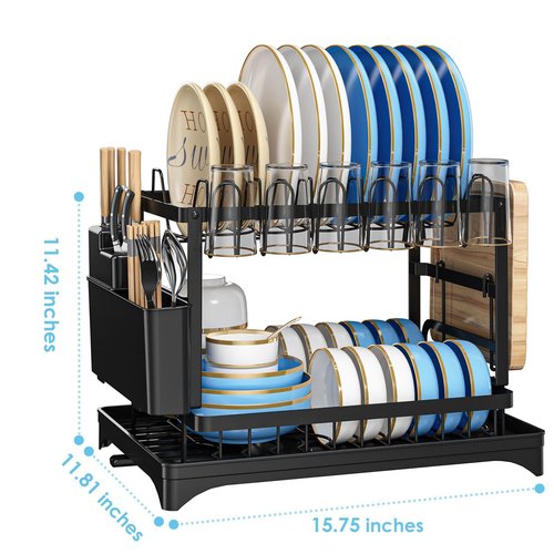 AIDERLY Dish Drying Rack for Kitchen Counter 2 Tier Iron Dish Drainer with Removable Cutlery Basket, Black