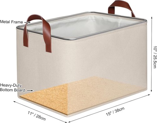 KEEGH Storage Baskets - Fabric Organizing Bins with Leather Handles | 15" L x 11" W x 10" H, Beige, 4 Pack
