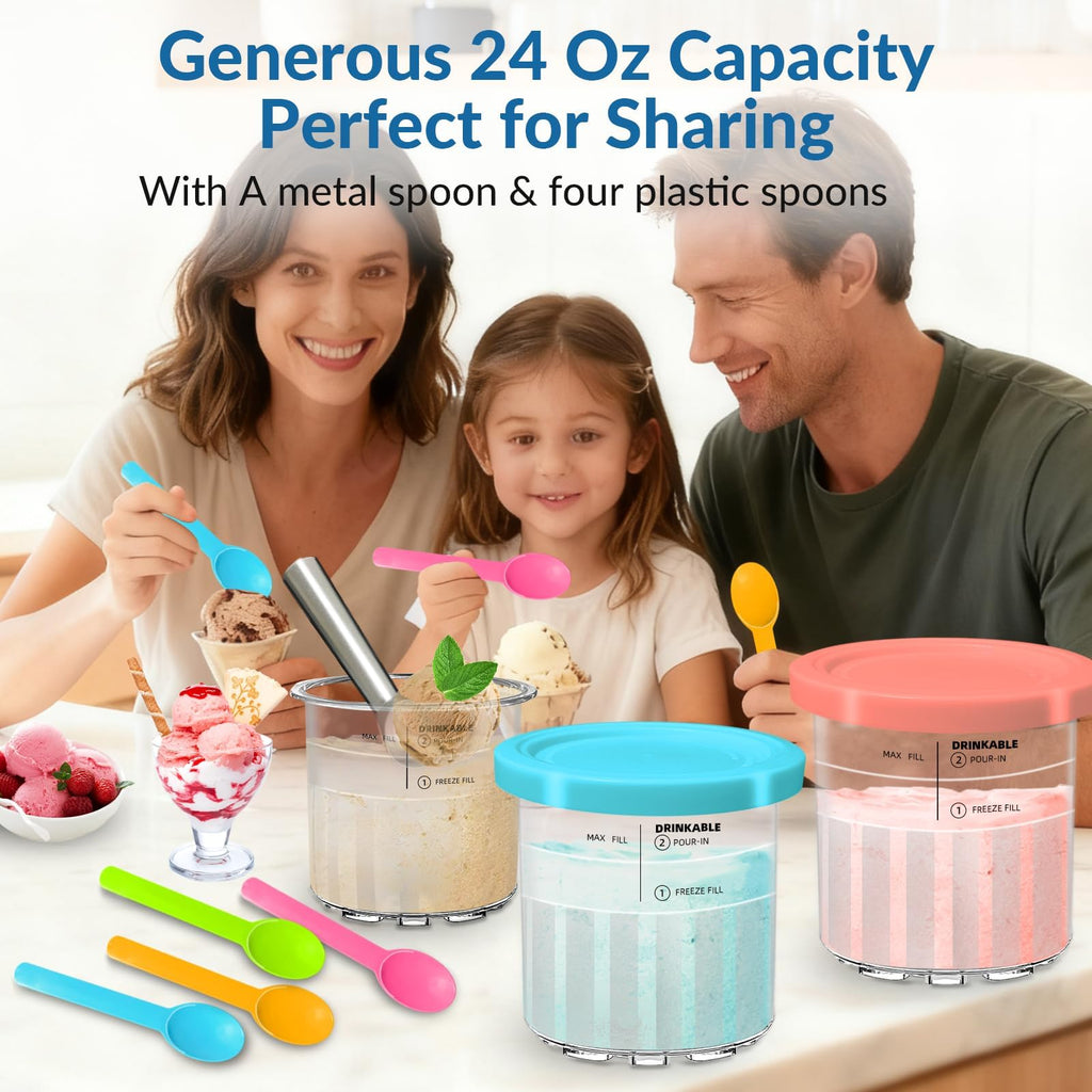 Vintrol 4 Pack Pints Creami Deluxe Pints with 4 spoons, 1 metal spoon & 4 Lids, 24oz Creami Pints Compatible with NC500 NC501 Series Ice Cream Makers Machine Accessories, BPA-Free And Dishwasher Safe