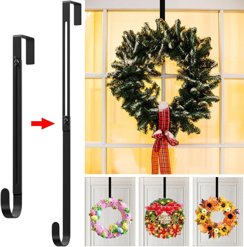 Metal Wreath Hanger - Adjustable Over-the-Door Hook | Heavy Duty, Holds Up to 20 lbs, 12-20”