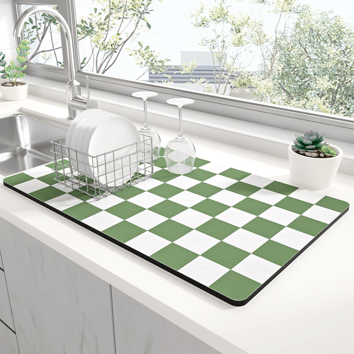Rnivvi Dish Drying Mat - Absorbent Non-Slip Draining Pad for Kitchen | 12 x 19 Inches, Green & White Checkered