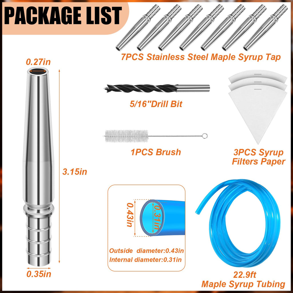 13Pcs Maple Syrup Tree Tapping Kit Include 7 Stainless Steel Maple Taps,22.9ft Maple Syrup Tubing,3 Maple Sap Filter,1 Cleaning Brush,1 Maple Tap Drill Bit for Maple Syrup Collection Supplies