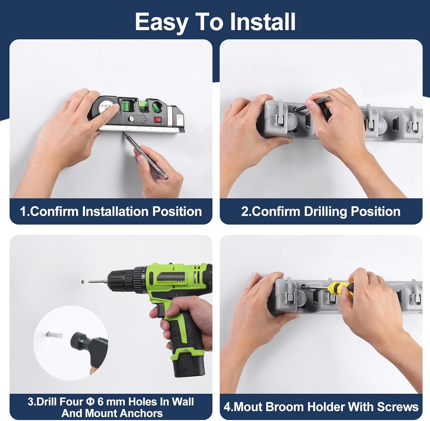 Skiennix Wall-Mounted Mop And Broom Holder - Space-Saving Organizer For Closet & Garage Storage