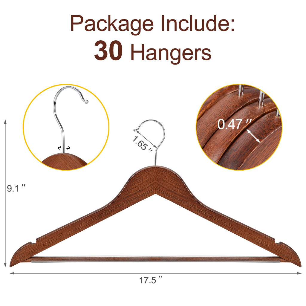 TOPIA HANGER Walnut Wooden Hangers 30 Pack, Wood Clothes Hangers, Durable Coat Hanger with 360-Degree Rotatable Hook, Non-Slip Pants Bar and Shoulder Notches for Camisole Tops - CT34WA30