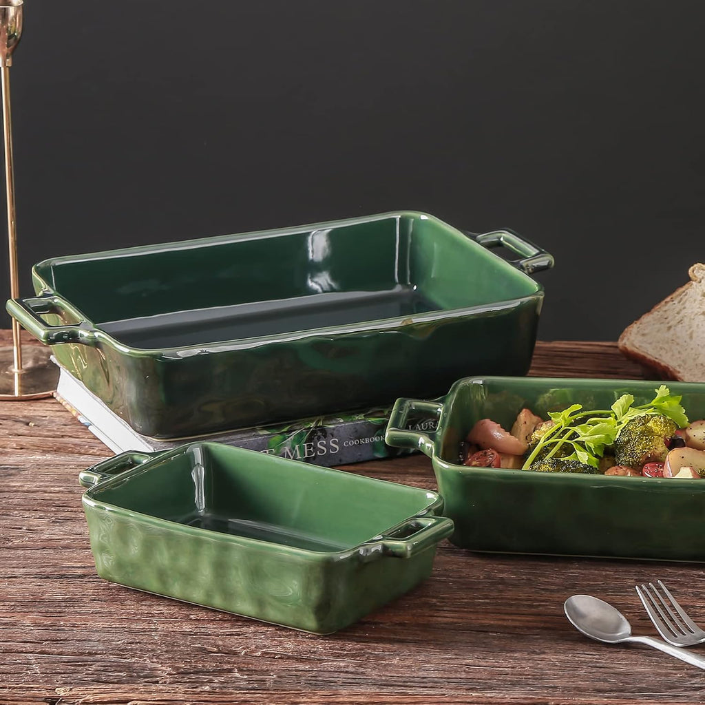 VICRAYS Ceramic Bakeware Set - Porcelain Rectangular Baking Dish for Lasagna & Casseroles | 3-Piece, 15 x 8.5 Inches (Green)