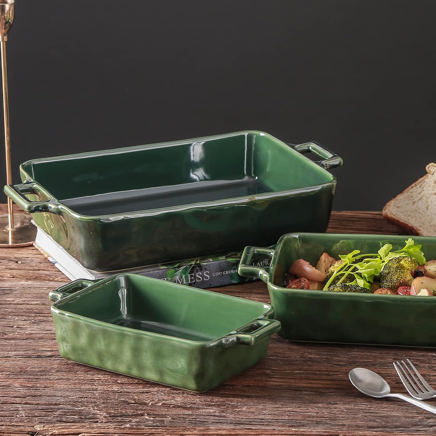 VICRAYS Ceramic Bakeware Set - Porcelain Rectangular Baking Dish for Lasagna & Casseroles | 3-Piece, 15 x 8.5 Inches (Green)
