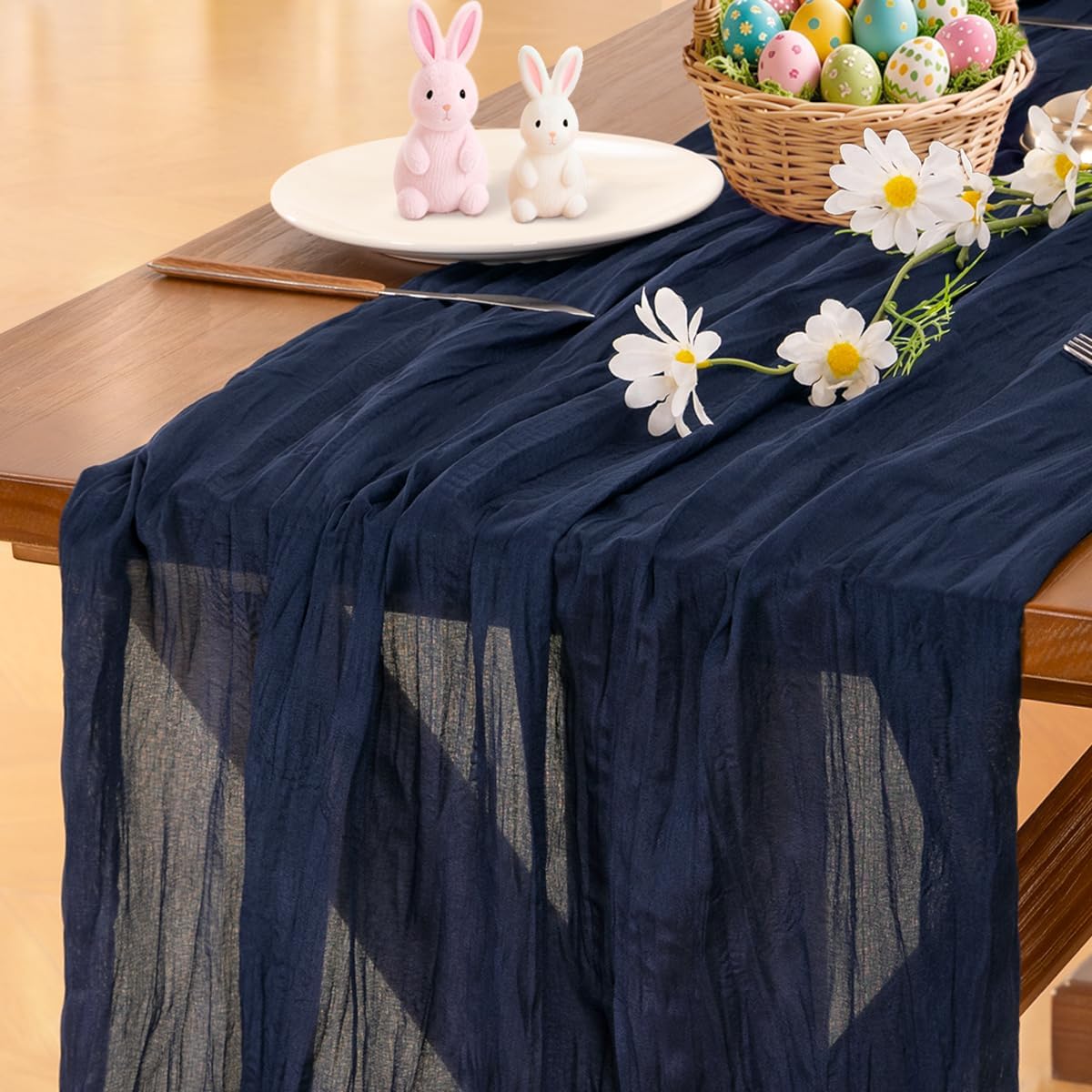 Socomi Cheesecloth Table Runner - Navy Blue Boho Rustic Design | 120 Inch for Weddings & Events