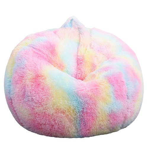 Fluffy Bean Bag Chair for Kids, 2.5FT Round Memory Foam Filled Bean Bag for Teens & Kids, Ultra Soft Faux Fur Fabric Bean Bag Chairs for Playroom, Living Room, Bedroom, Rainbow