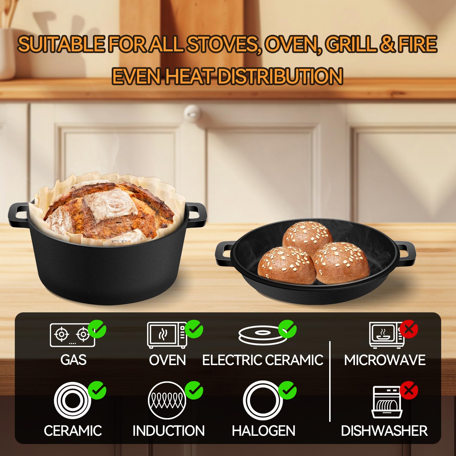 Rectangular Cast Iron Dutch Oven for Bread Baking, Cast Iron Sourdough Bread Pan with Lid Handles Lame, Even Heat Bread Baking Pan for Homemade Bread Cake Meatloaf, 3.2QT