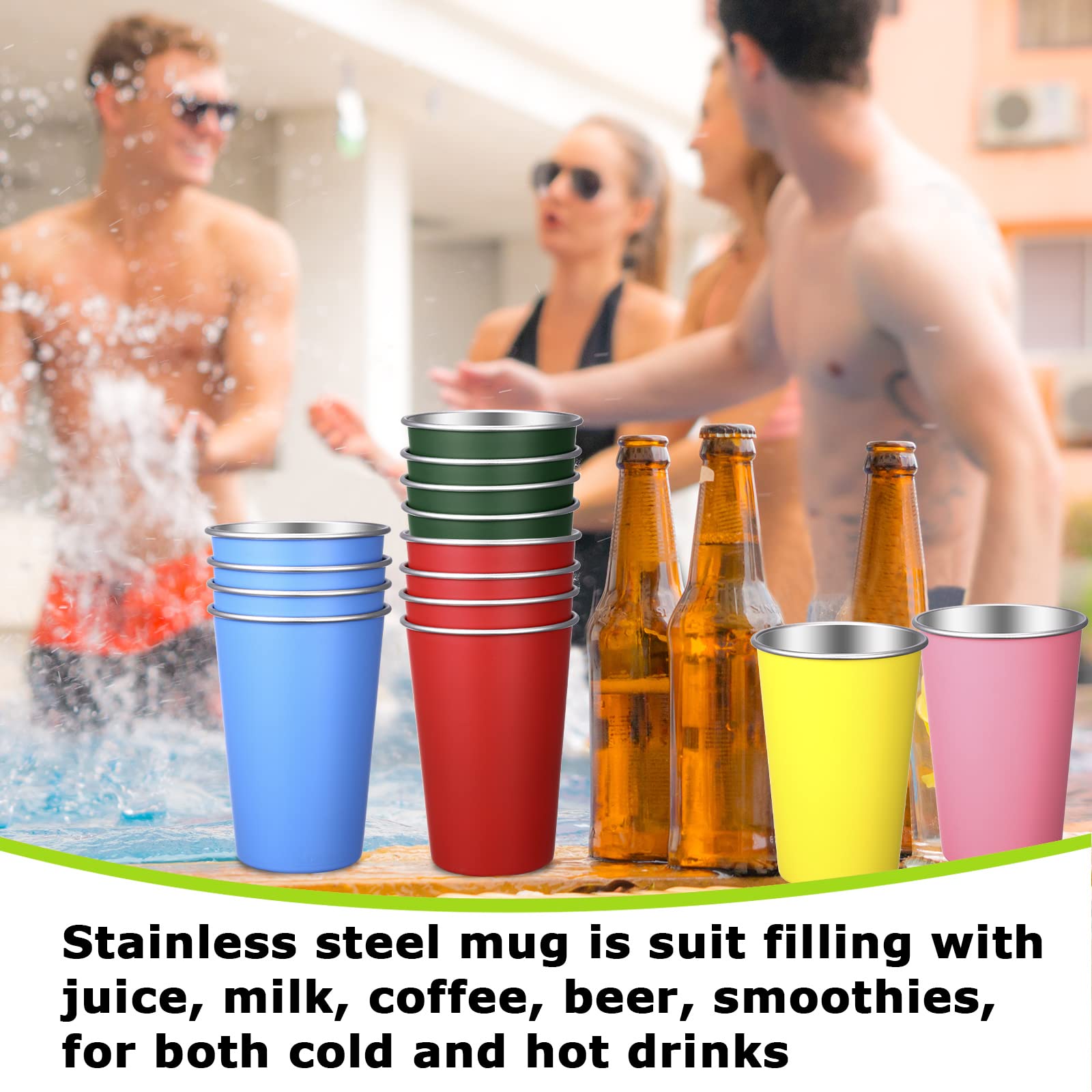 Mimorou 20 Pack Stainless Steel Pint Cups Metal Cups Unbreakable Drinking Water Tumblers Stackable Tumbler for Adults Bar Home Restaurant Travel Picnic Camping Outdoor (Multicolor,16 oz)