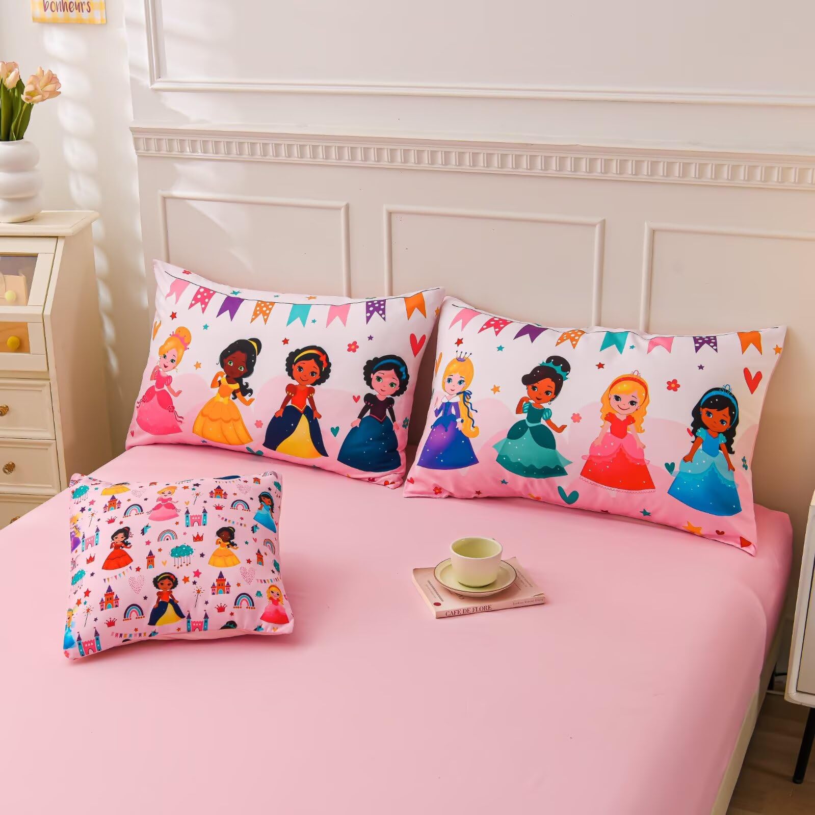 GRAT TIOC 6 Pieces Pink Princess Comforter Set for Girls Twin,Bed in A Bag Princess Bedding Set for Girl Kids (1 Comforter,1 Flat Sheet,1 Fitted Sheet,2 Pillowcases and 1 Cushion Cover)