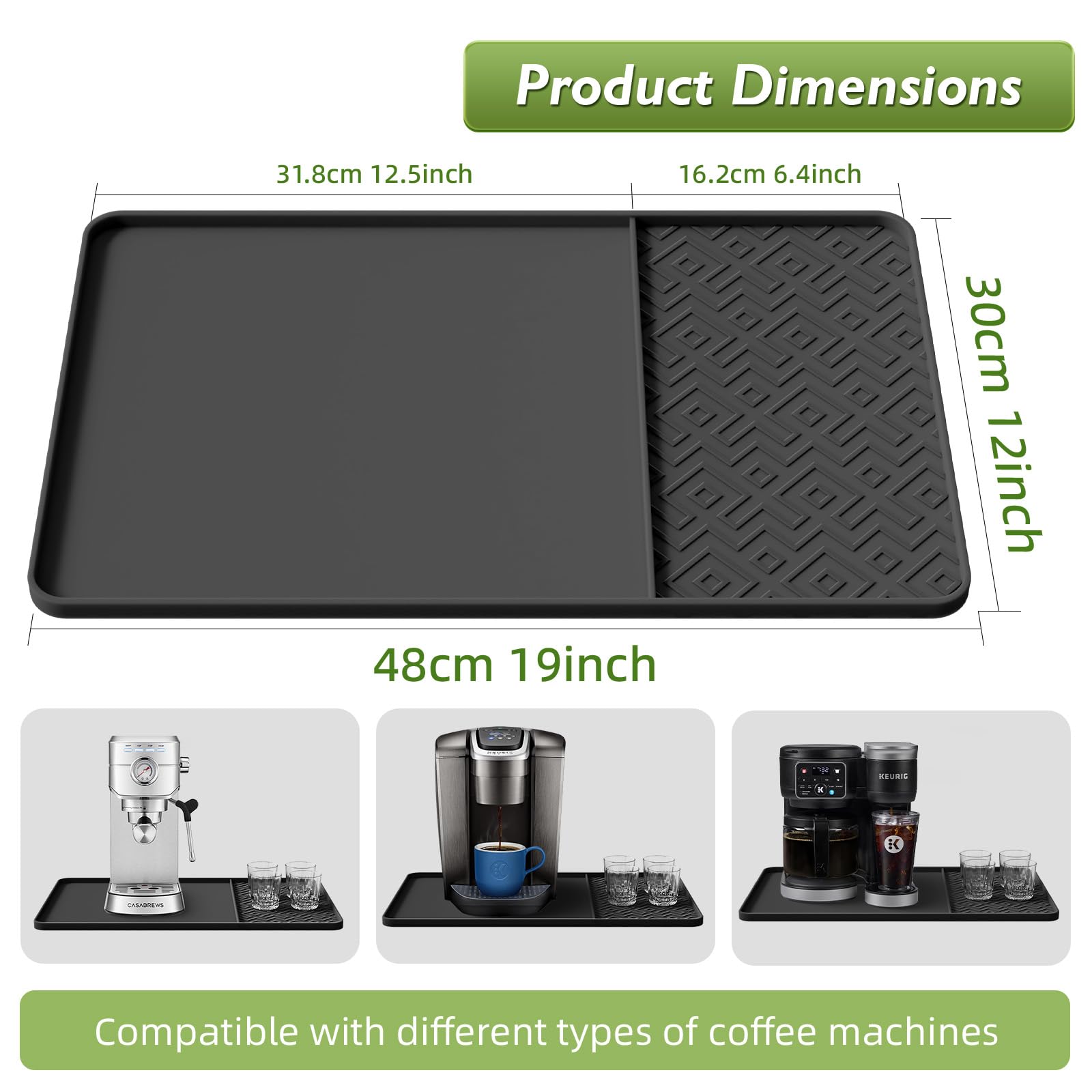 Silicone Coffee Mat with Raised Edges 19" x 12" – Waterproof Countertop Mat, Coffee Maker Pad, Espresso Machine Mat, Heat Resistant Dish Drying Mat