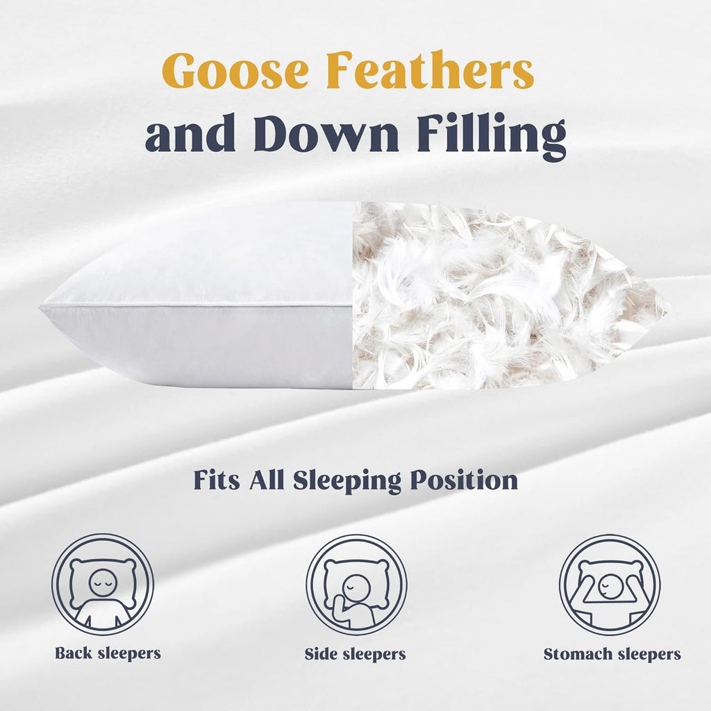 Puredown® King Size Goose Feather & Down Pillows - Soft Cotton Cover, Set of 2 for Ultimate Comfort